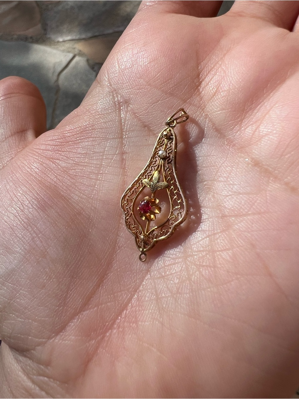 Solid 10k gold Floral Filigree Pendant with Seed Pearl and Pink Center Stone